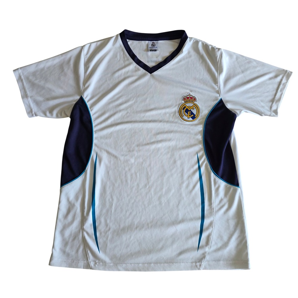 Real Madrid CF Soccer Jersey Rhinox Inc White Navy Blue V-Neck Mens Small
